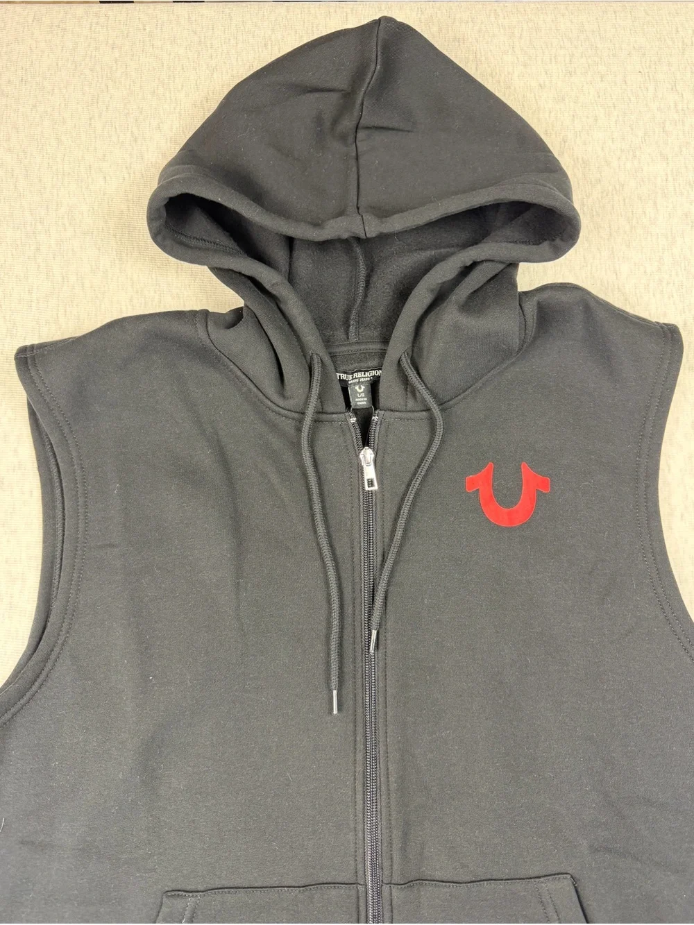 True Religion Men’s L Black Muscle Full Zip Hoodie Vest Buddha Graphic NWT